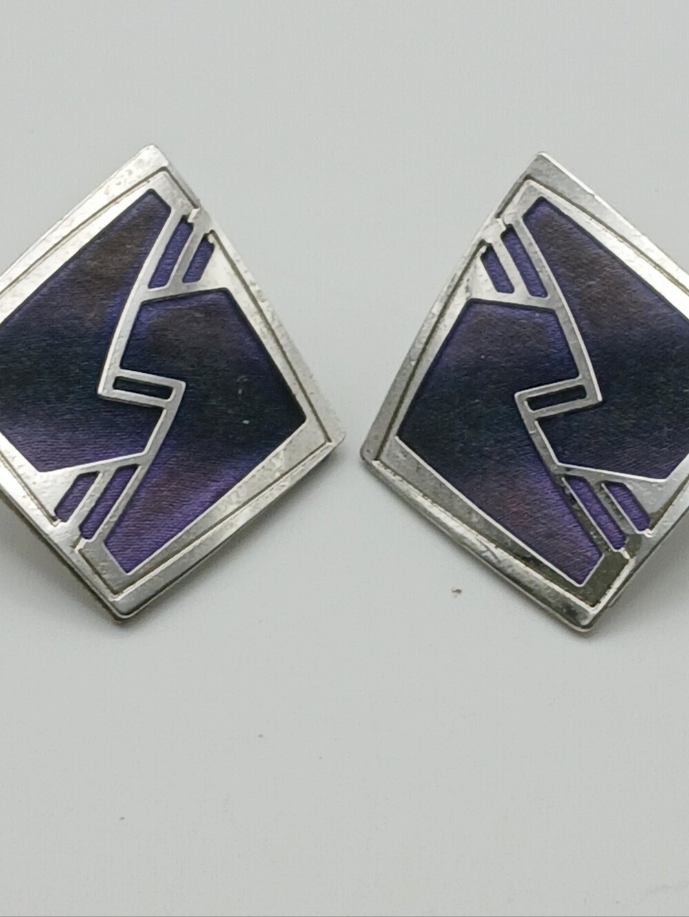 Vintage 1989 Kyle McKeown Signed Geometric Silk Earrings  Silver Tone Modernist